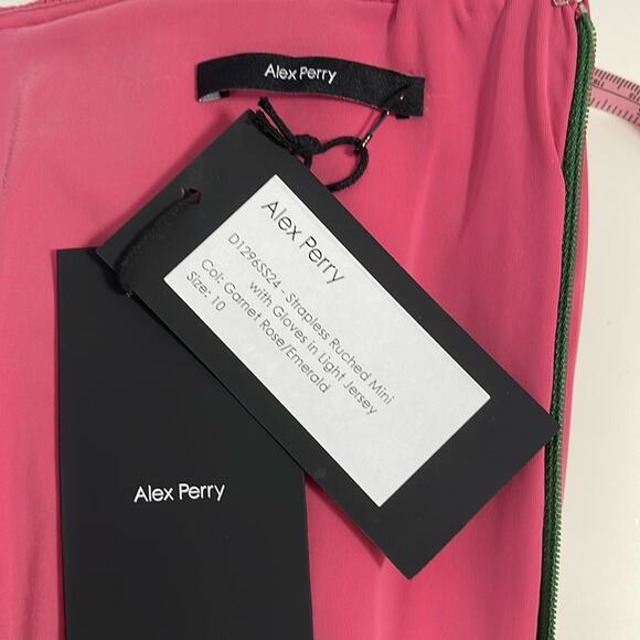 Alex Perry Ruched Strapless Jersey Pink and Green Mini Dress with Gloves Size 6 - Picture 11 of 13